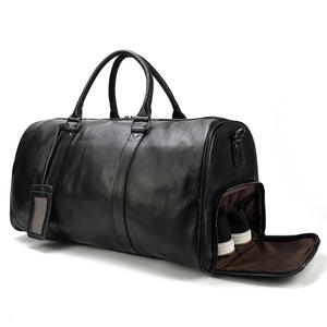Black Leather Travel Duffle Bag For Men - Business Trip Handbag Shoulder Genuine Leather Messenger Bag
