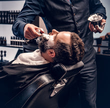 Load image into Gallery viewer, Man getting shave with men's shaving cream made in Canada for sensitive skin. Sandalwood men's shaving cream for men.