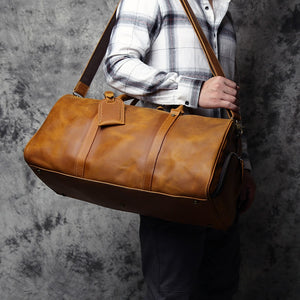 Brown Leather Travel Duffle Bag For Men - Business Trip Handbag Shoulder Genuine Leather Messenger Bag