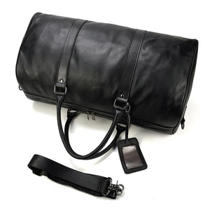 Black Leather Travel Duffle Bag For Men - Business Trip Handbag Shoulder Genuine Leather Messenger Bag