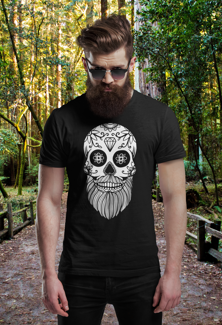 man wearing black sugar skull t-shirt
